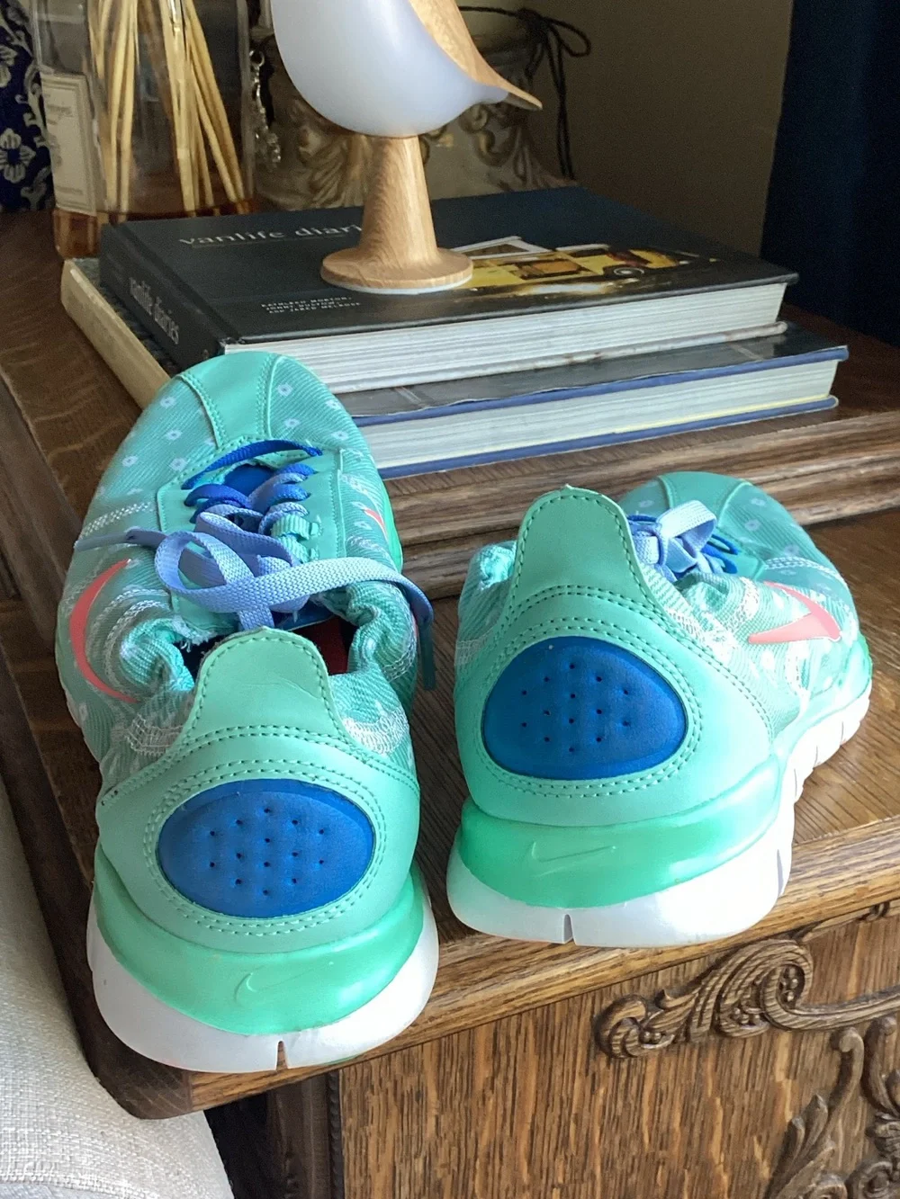 Nike Mint Green Polka Dot Running Sneakers with Coral Swoosh and Blue Laces